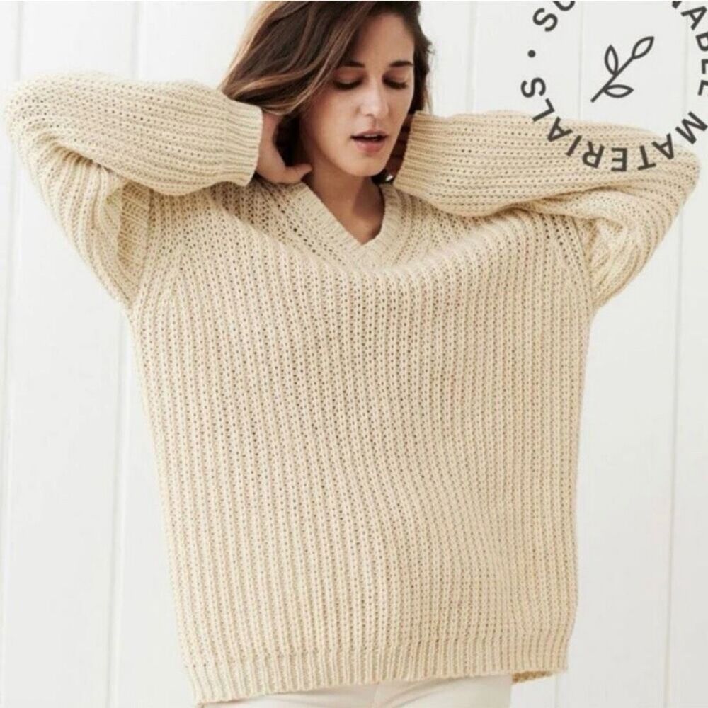 Jenni Kayne Cabin Sweater XS Cream Organic Cotton Fisherman Knit V Neck